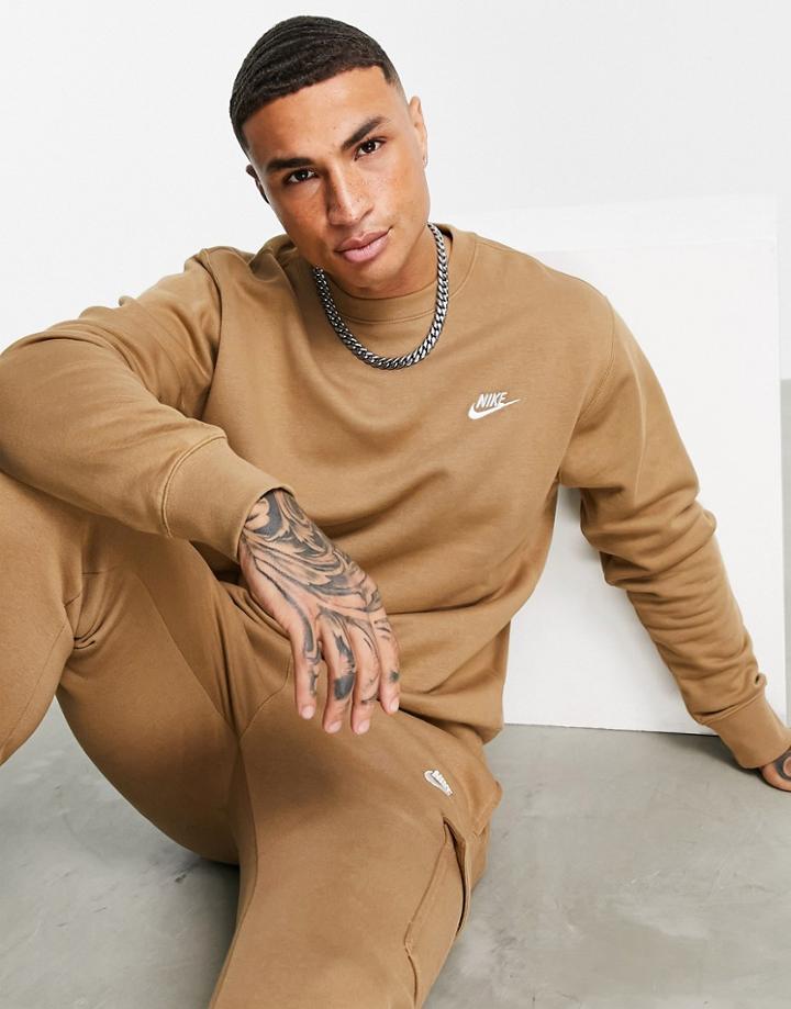 Nike Club Fleece Crew Neck Sweatshirt In Taupe-brown