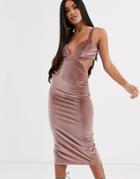 Asos Design Cut Out Velvet Buckle Back Detail Midi Dress-pink