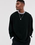 Asos Design Pique Oversized Long Sleeve T-shirt With Tipping In Black - Black