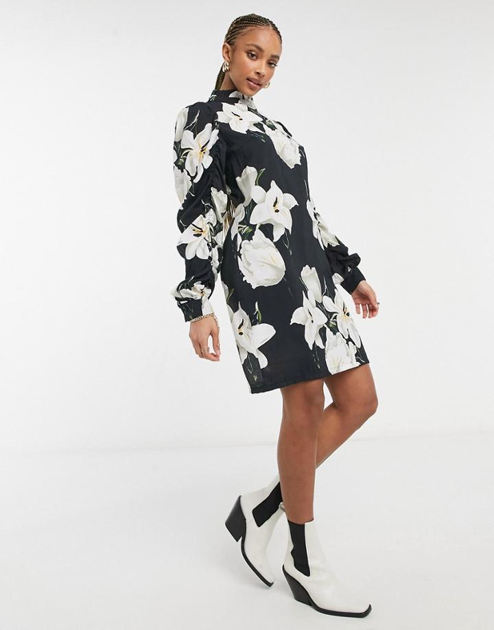 Object Ruched Sleeve Dress In Floral Print-multi