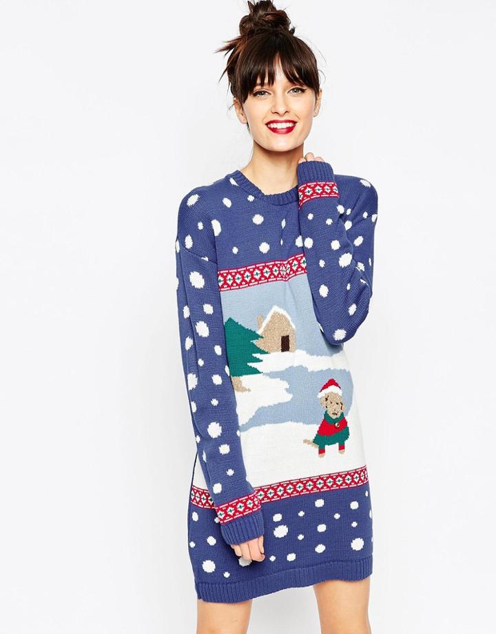 Asos Holidays Sweater Dress With Winter Dog Scene - Multi