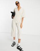 Selected Malvina Cropped Tie Waist Jumpsuit In Cream-brown