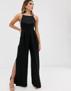 Asos Design Cami Strap Satin Jumpsuit With Wide Leg And Splits - Black