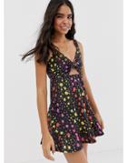 Asos Design Tie Front Mini Sundress With Cut Out In Floral Print - Multi