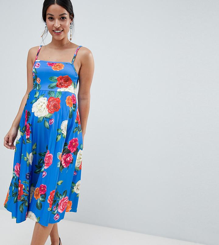 Asos Design Maternity Scuba Floral Cami Pleated Midi Prom Dress - Multi