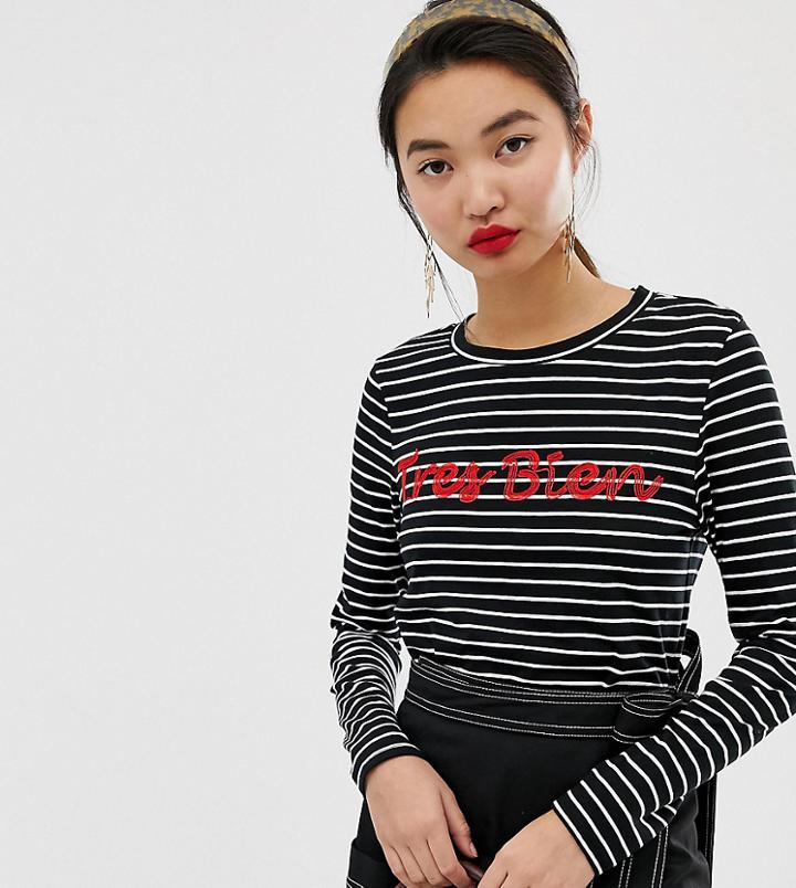 Warehouse Stripe Top With Tres Bien Slogan In Black - Black