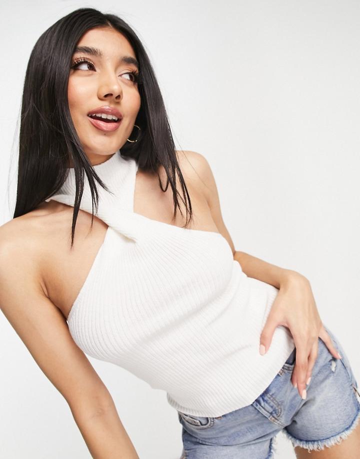 Asos Design Twist Front Knitted Top In Cream-white
