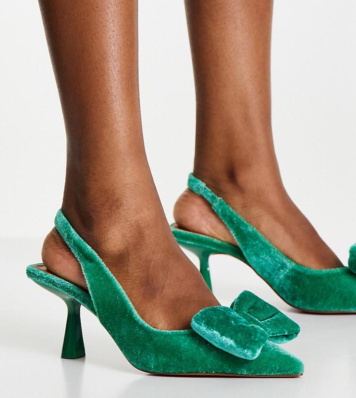 Asos Design Wide Fit Scarlett Bow Detail Mid Heel Shoes In Green
