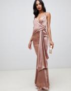 Asos Design Maxi Dress In High Shine Satin With Drape Side And Fishtail Hem - Pink