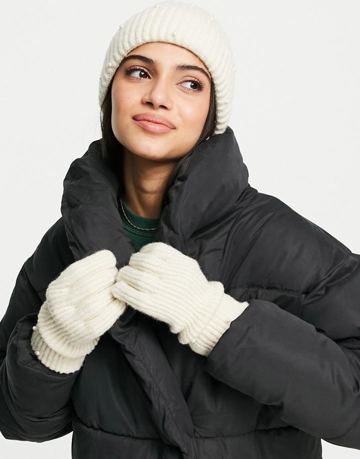 Pieces Christmas Pearl Trim Beanie & Gloves Set In Cream-white