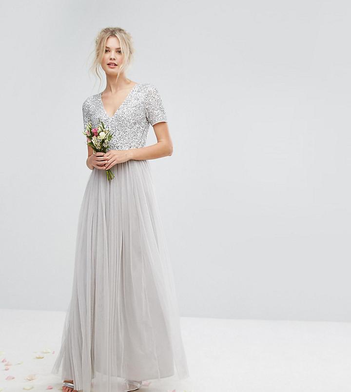 Maya Tall Plunge Neck Embellished Top Maxi Dress With Tulle Skirt - Gray