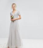 Maya Tall Plunge Neck Embellished Top Maxi Dress With Tulle Skirt - Gray