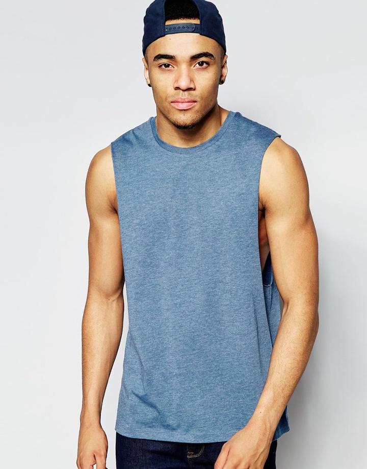 Asos Sleeveless T-shirt With Dropped Armholes In Blue - Blue