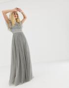 Needle & Thread Embroidered Bodice Tulle Gown In Ash Gray - Gray