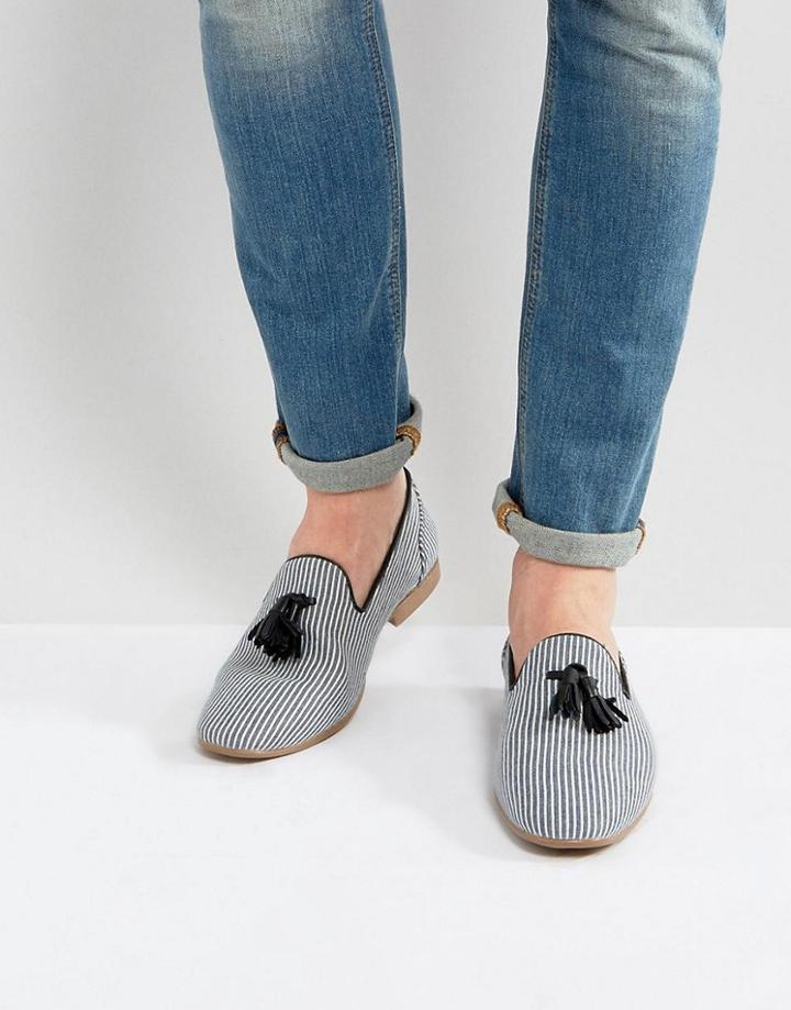Asos Loafer In Navy Stripe With Tassels - Navy