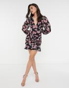 Asos Design Drape Knot Front Mini Dress With Balloon Sleeves In Rose Print-multi