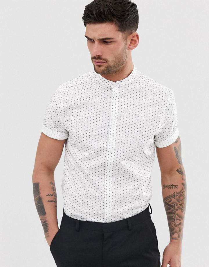 Asos Design Stretch Slim Ditsy Print Smart Shirt With Grandad Collar - White