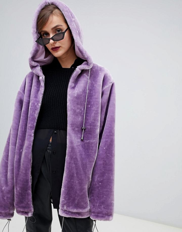 Story Of Lola Oversized Zip Front Hooded Jacket In Faux Fur - Purple