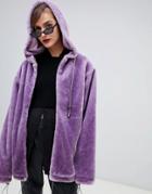 Story Of Lola Oversized Zip Front Hooded Jacket In Faux Fur - Purple