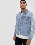 Religion Denim Jacket With Bleach Splat Sleeves - Blue