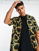 Pull & Bear Sunflower Print Shirt In Black