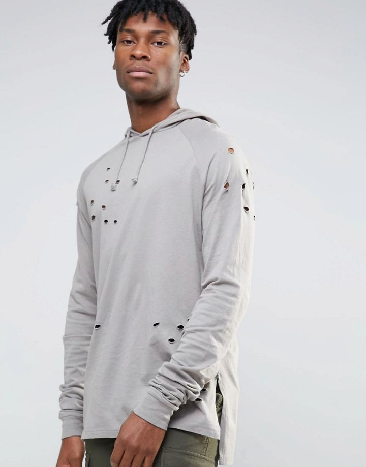 Asos Oversized Long Sleeve T-shirt With Hood And Stacked Sleeves - Gray