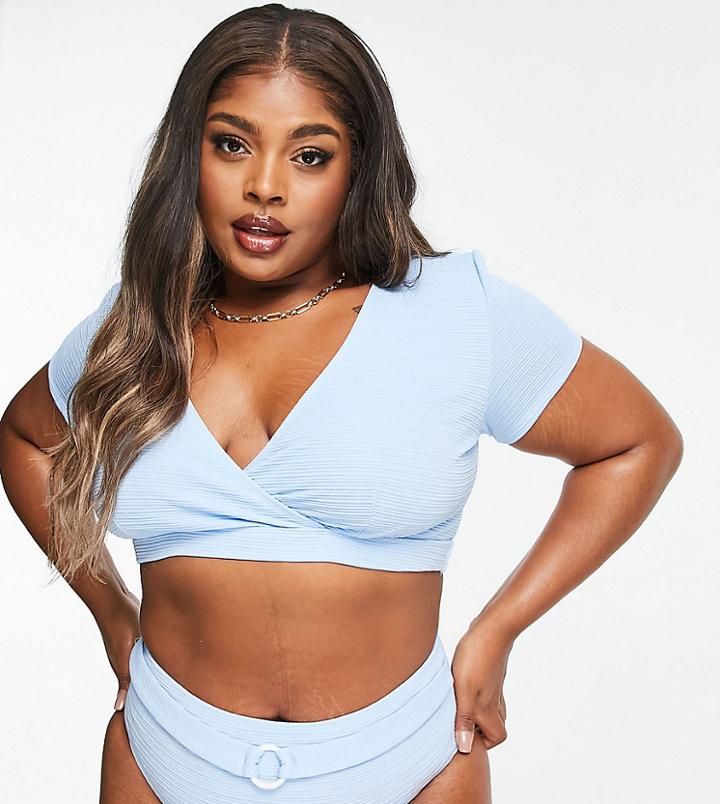 Peek & Beau Curve Exclusive Wrap Front Bikini Top In Blue Rib-blues