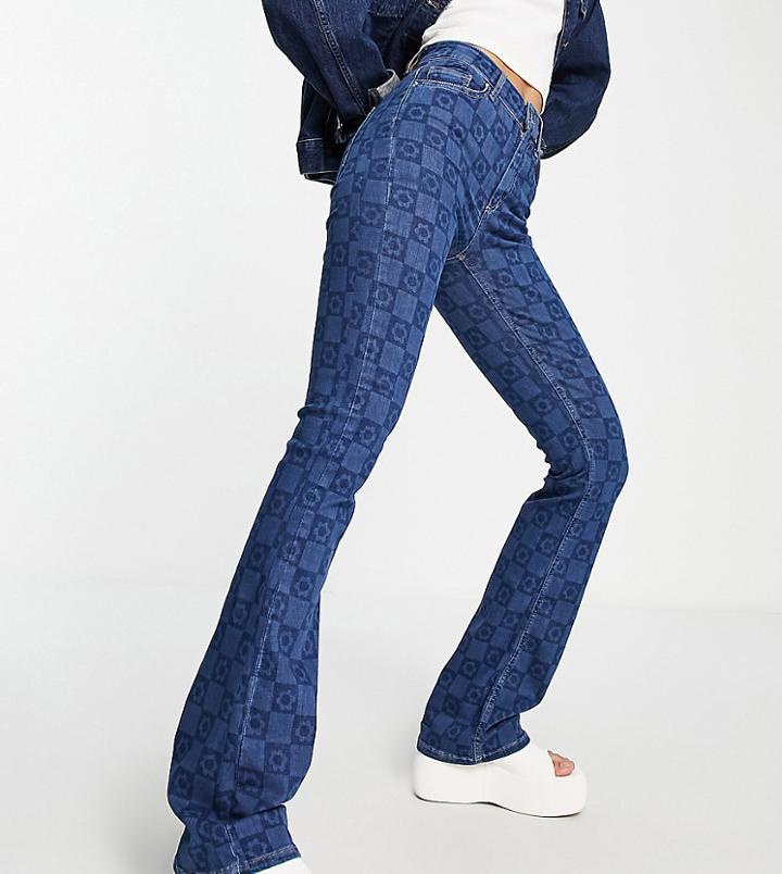 Only Tall High Waisted Flower & Checkerboard Flared Jeans In Dark Blue