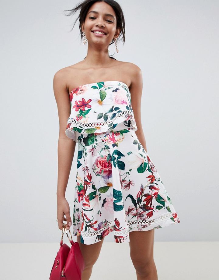 Asos Design Floral Bandeau Ruffle Mini Dress With Crochet Trim - Multi