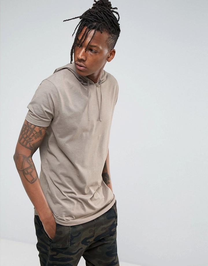 Asos Longline T-shirt With Crew Neck And Hood - Brown