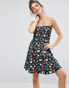 Asos Bandeau Shirred Mini Sundress With Peplum Hem In Tulip Print - Multi