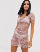 Motel Ruched Mesh Milkmaid Dress In Unicorn Print-pink