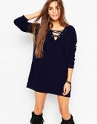 Asos A Line Dress In Knit With Lace Up Detail - Navy