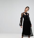 Tfnc High Neck Pleated Lace Midi Dress With Long Sleeves And Velvet Strips - Black