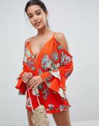 Missguided Floral Long Sleeve Romper - Red