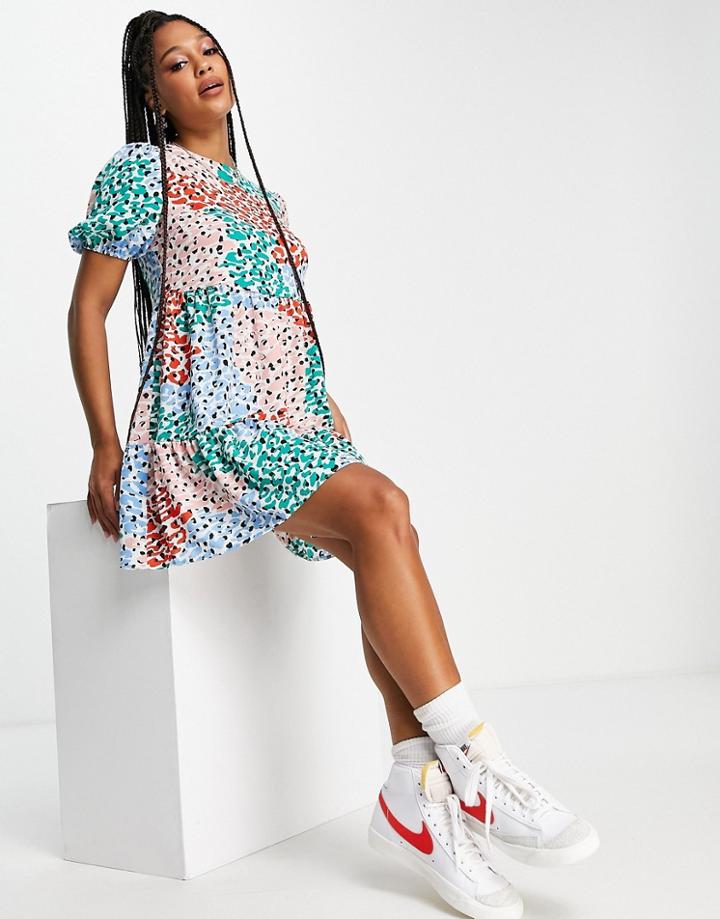 Asos Design Puff Sleeve Tiered Smock Mini Dress In Colorful Animal Print-multi