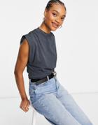 Asos Design Sleeveless T-shirt With Ruched Shoulder In Washed Charcoal-grey