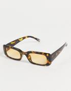 Asos Design Fine Frame Mid Square Sunglasses In Black With Blue Lens