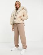River Island Faux Fur Lined Padded Jacket In Neutral-gray