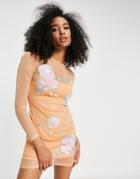 Asos Design Long Sleeve Mini Dress With Floral Embroidery In Pale Orange