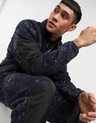 Asos Design Set Oversized Polar Fleece Track Jacket In All Over Monochrome Paisley Print-black