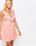 Fashion Union Dress With Ruffles & Lace Up - Pink