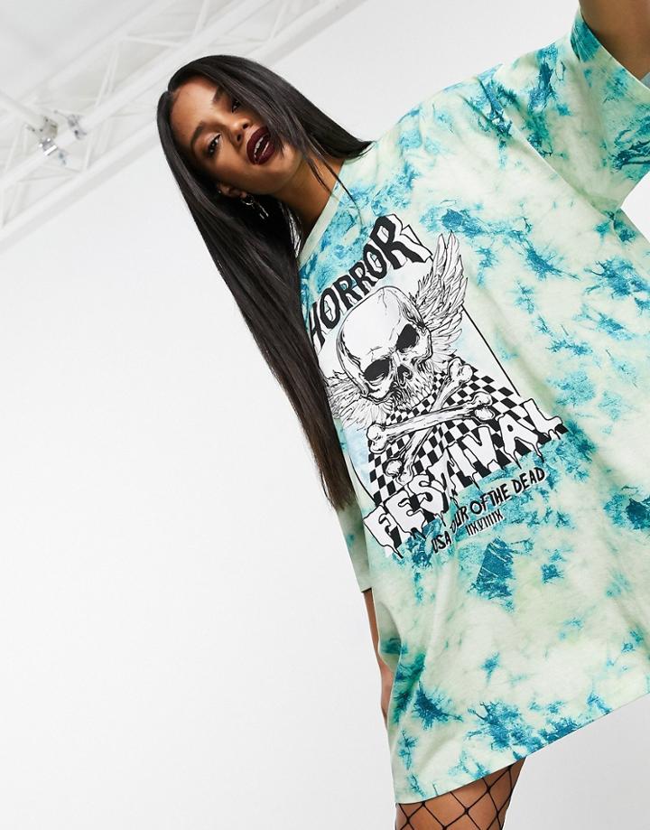 Asos Design Oversized T-shirt Dress In Green Tie Dye With Horror Print-multi