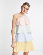 Vila One Shoulder Mini Dress In Multi Colored Tiering