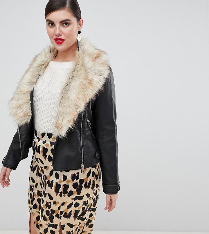 River Island Plus Faux Leather Biker Jacket With Faux Fur Trim In Black - Black