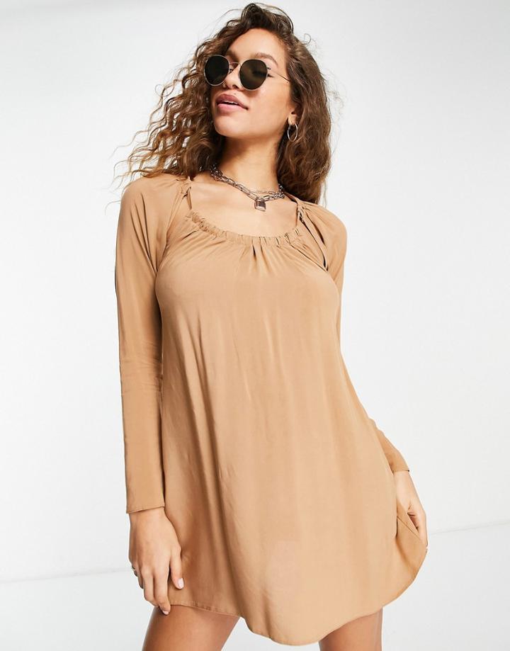 Asos Design Long Sleeve Halter Neck Mini Dress In Beige-brown