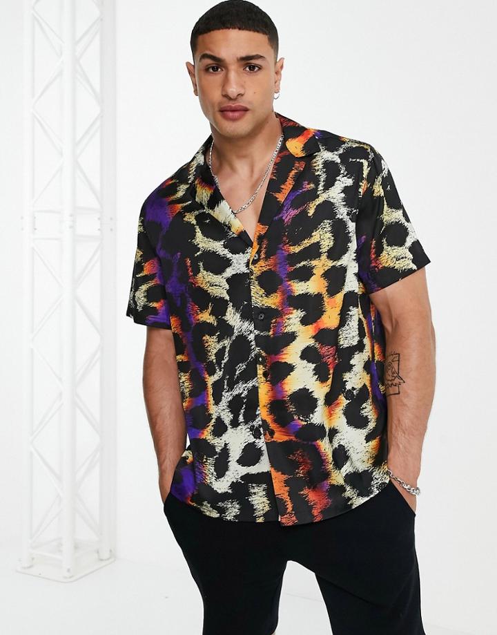 Asos Design Relaxed Revere Shirt In Satin Animal Print-multi