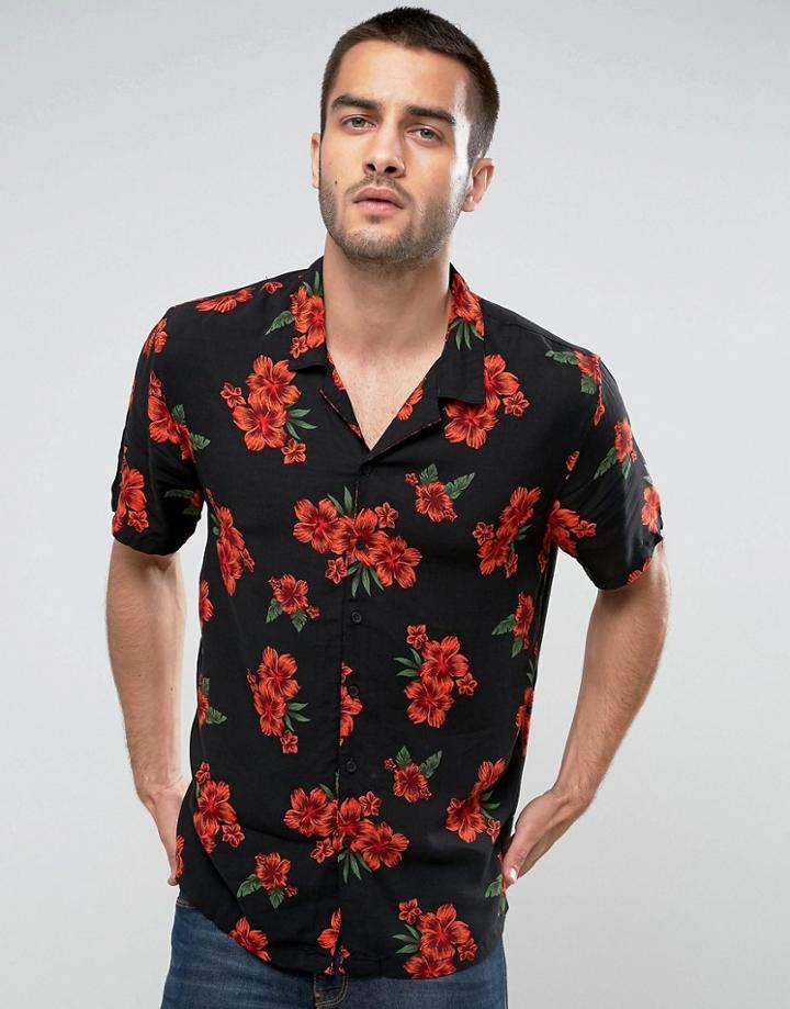 New Look Regular Fit Shirt With Revere Collar In Floral Print - Red
