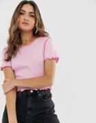 Asos Design Short Sleeve Crop T-shirt With Contrast Stitch In Pink