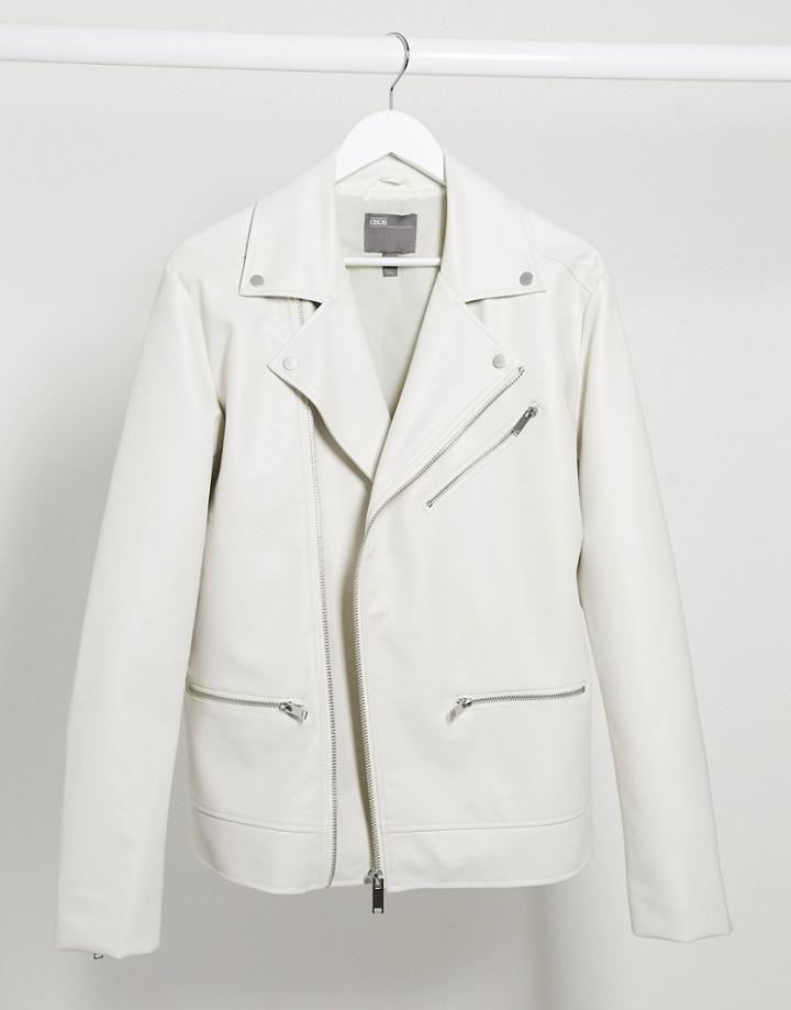 Asos Design Biker Jacket In White Faux Leather